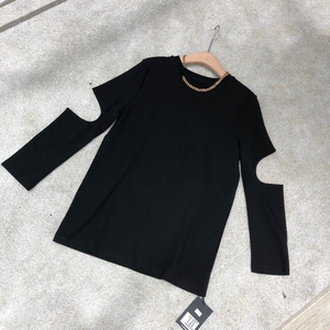 yuanzi破洞链条t恤女春秋小众酷潮镂空长袖上衣黑色外穿打底衫薄