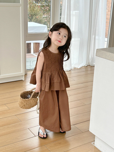 韩系童装女童时髦洋气套装夏季女孩褶皱背心儿童阔腿裤宝宝两件套
