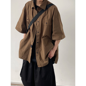 日系复古咖啡色工装短袖衬衫男女生廓形学生夏季宽松半袖衬衣外套