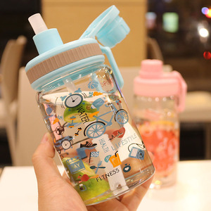 涂鸦玻璃杯女带吸管便携学生ins风可爱直饮两用带刻度创意茶水杯