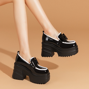 10cm新款真皮漆皮蝴蝶结休闲鞋英伦风深口厚底粗跟单鞋女春季百搭