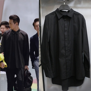 亲爱的热爱的李现韩商言同款黑色衬衫前短后长外套暗门襟宽松休闲