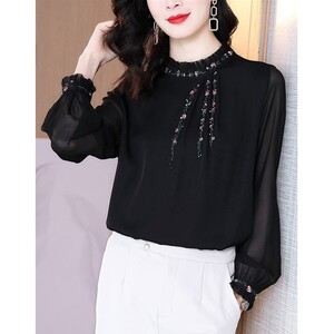博雅琪服饰旗舰店黑色衬衫女2022春季新款复古绣花钉珠衬衣立领上