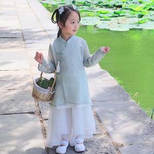 柚儿原创棉麻女童唐装儿童汉服亲子古装中国风茶服仙禅服春秋清婉