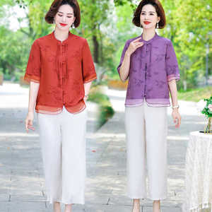 母亲节中年妈妈夏短袖T恤女新中式两件套装大码洋气小衫上衣裤子