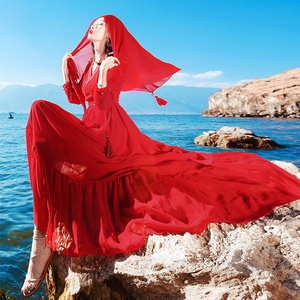 大理洱海拍照裙子茶卡盐湖红色连衣裙青海湖旅游女装西北飘逸长裙
