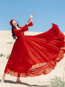 沙漠裙子异域风情服装拍照红裙西域大漠红色连衣裙大摆飘逸长裙女