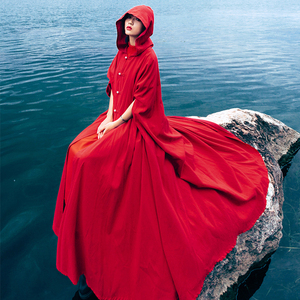 西藏旅游穿搭民族风女装大红色斗篷披肩外套带帽秋冬披风拉萨衣服