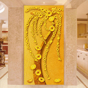 发财树摇钱树玄关背景墙图片简约现代大气客厅走廊装饰画壁画自粘