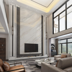 洛邦 别墅挑高挑空电视背景墙定制岩板大板 现代轻奢复式中空客厅