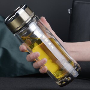 金力礼品水晶双层玻璃杯男女便携带盖过滤泡茶加厚耐热商务水杯子