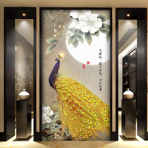 雅固3d立体竖版玄关走廊过道背景墙壁纸5d装饰壁画简约现代孔雀