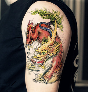 彩色火麒麟纹身贴防水男女防汗持久耐磨花臂半臂龙图腾仿真刺青贴