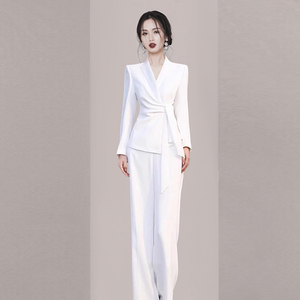 2024年春夏新款女装韩版通勤褶皱修收腰干练白色时尚气质装套装女