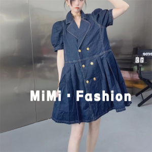 欧洲站蜜蜜mimi2022早春新款欧货女装翻领泡泡袖a型牛仔连衣裙316