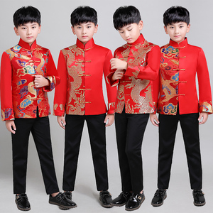 儿童古装中国风中山装男童唐装花童新年元旦红色礼服主持人演出服