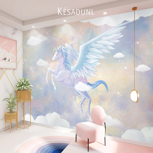 北欧电视背景墙壁纸独角兽墙纸少女心墙布儿童房壁布梦幻卧室壁画