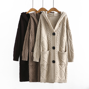 连帽大口袋加厚粗毛线大衣外套针织开衫中长款秋冬大码麻花毛衣潮