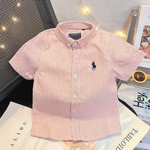 DEWIN外贸童装粉红色条纹男童衬衫短袖夏天儿童衬衣中大童男宝宝