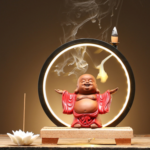 禅意中式招财哈哈弥勒佛桌面装饰品摆件倒流香薰炉灯圈夜灯小佛像