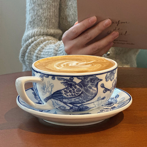 春桃设计咖啡拉花杯新中式景德镇陶瓷杯碟套装家用拿铁咖啡杯青花