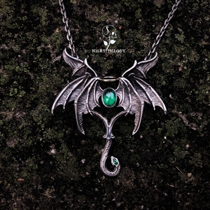 夜曲工作室 925纯银原创手工经典哥特绿宝石黑暗天使恶魔翅膀吊坠