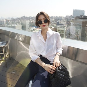 韩国春季复古基础立领白色衬衫女宽松长袖衬衣显瘦上衣休闲打底衫