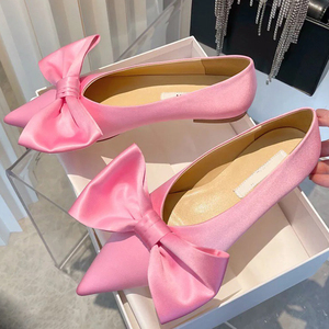 尖头单鞋女浅口粉色蝴蝶结可爱甜美2021夏新款韩版低跟显瘦平底鞋