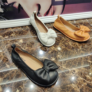 玛莎玛索2022春新款时尚真皮蝴蝶结浅口瓢鞋圆头平底女单鞋358-1