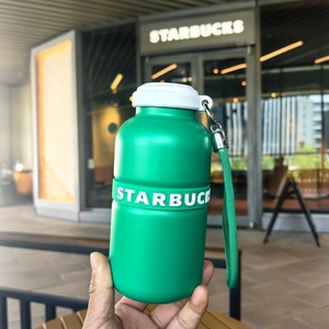 星巴克活泼绿水杯新品不锈钢带提绳便携大肚杯保温咖啡户外喝水杯