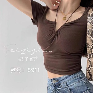 妃子纪美背8911内搭吊带背心女性感抹胸上衣v字领纯色短款短袖t恤