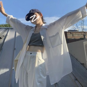 白色衬衫女夏季学院风中长款polo领长袖衬衣设计感小众休闲风上衣