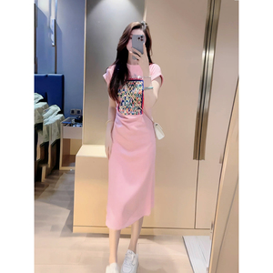 韩版新款时尚印花显瘦连衣裙2024夏季洋气气质收褶开叉粉色卫衣裙