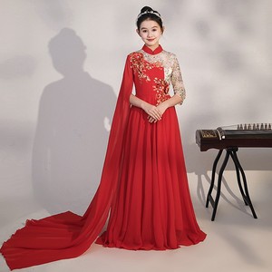 女童古筝表演服中国风古琴艺考二胡民乐演奏高端红色礼服儿童合唱