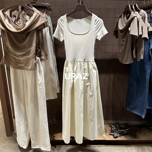 SH&UR2024夏季新款时尚通勤简约拼接梭织修身长款短袖A型连衣裙女