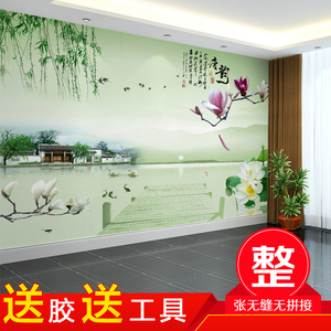 新中式荷花壁纸西湖清新淡雅青叶唐韵柳树电视背景墙卧室大型壁画