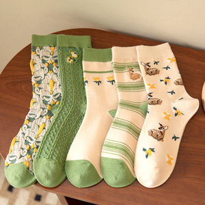 绿色长袜子女春秋款中筒夏季ins潮韩国可爱日系条纹棉长筒堆堆袜