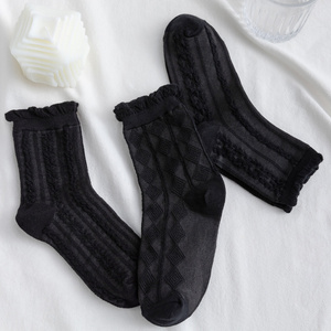 黑色jk花边袜子女春秋中筒袜ins潮网红款纯棉日系lolita秋冬长袜