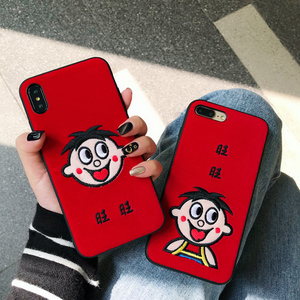 新年款刺绣旺旺苹果x手机壳iphone8plus硅胶软包边xs max大红色绒布6