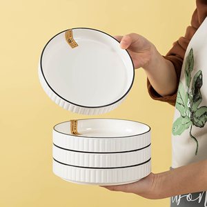 陶瓷盘子家用圆盘新款美式竖纹盘网红创意菜盘水果盘早餐碟子餐具