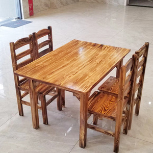 饭店实木餐桌椅组合长方形条桌快餐店烧烤店小吃店面馆碳化木桌椅