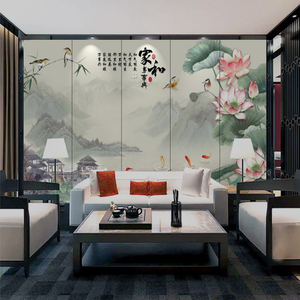 中式荷花刺绣硬包装饰墙客厅沙发电视背景墙板九鱼图卧室软包壁画