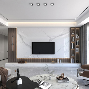 悬空大理石材电视背景墙现代简约客厅岩板瓷砖实木格栅轻奢影视墙