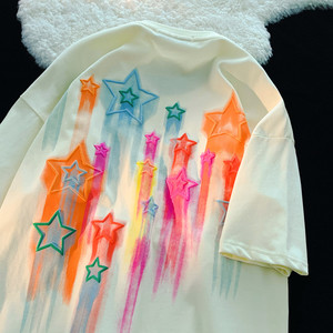 JIANYINZ设计感彩色喷绘星星印花短袖T恤男女潮牌小众ins情侣半袖