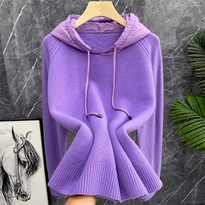 时髦洋气!欧货连帽休闲卫衣式绛紫色毛衣针织羊毛衫