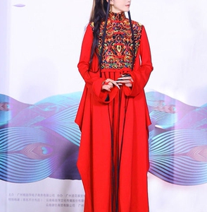 杨丽萍同款原创设计复古民族风刺绣立领盘扣喇叭袖连衣裙流苏长裙