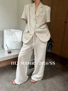 HUMSMR夏季新款韩版慵懒风百搭休闲两粒扣宽松短袖亚麻西装外套女