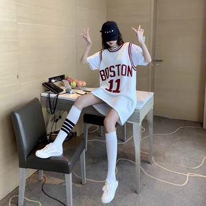 夏季半袖背心女外穿欧文11号球衣篮球服假两件套宽松bf运动风休闲