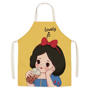 夏天卡通围裙ins风可爱亚麻布公主米老鼠印花围腰成厨房做饭罩衣
