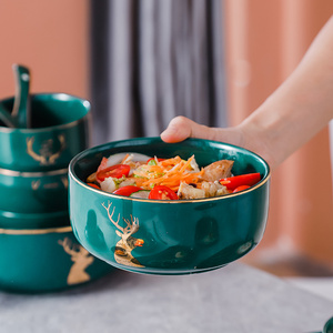 祖母绿餐具碗碟单个组合套装面碗吃饭轻奢盘子鱼盘勺子筷子米饭碗